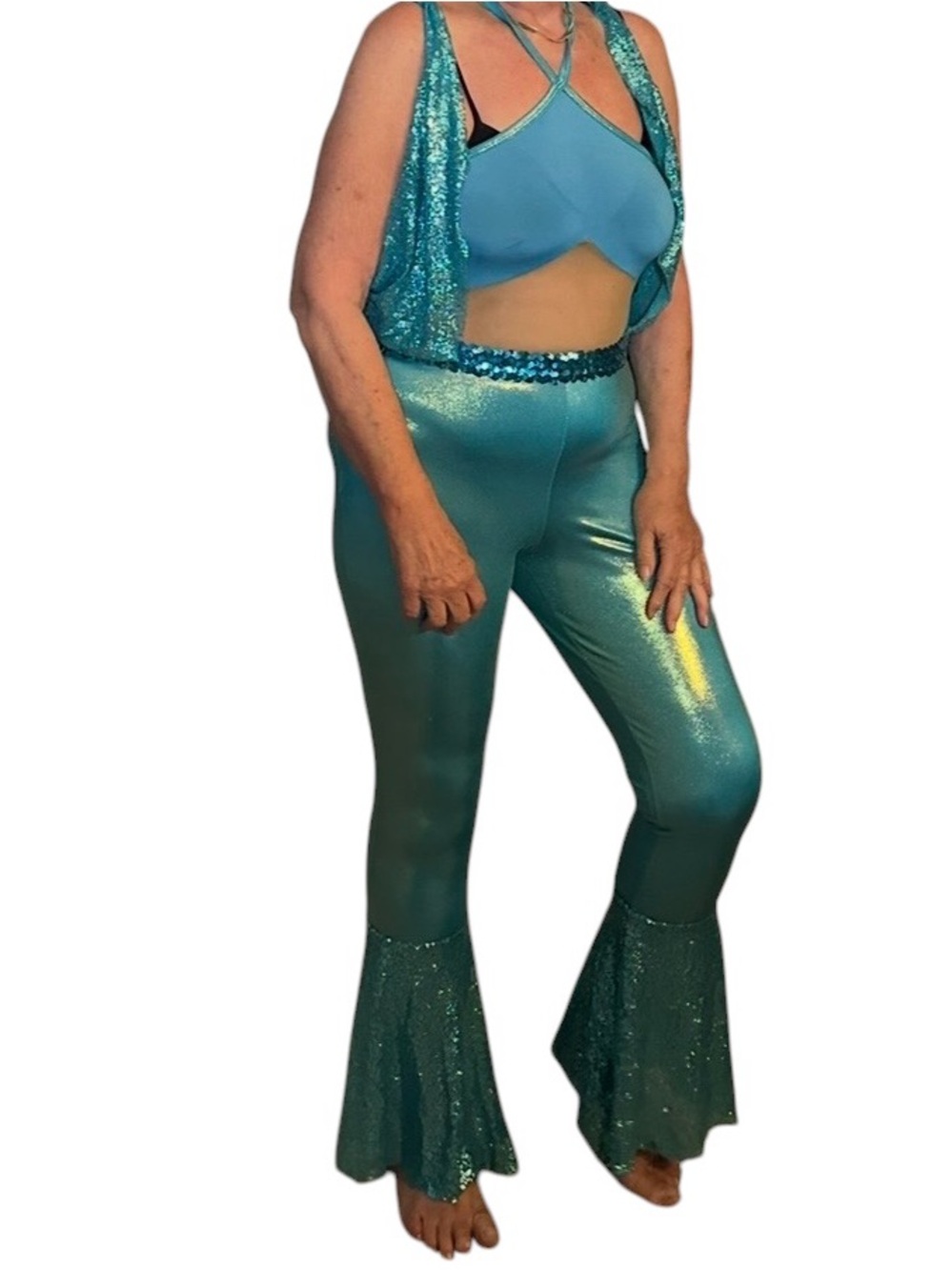 Disco Teal Metallic Flared Jumpsuit Pants - Women